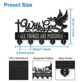 MAYJOYDIY Wood Christian Text Key Hook Inspirational Text Coat Holder for Wall 30×20cm Dove of Peace Cross Black Key Holder with 5 Alloy Hooks for Entryway Bedroom Home Decor