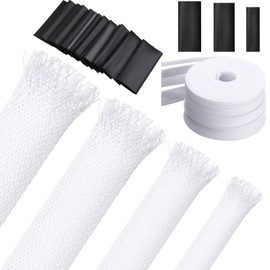 Tatuo 65.6 ft Expandable Braided Cable Sleeve Multi Size Braided Wire Sleeve with 120 Pcs Heat Shrink Tubing for Television Audio Computer Cables Video Pets,1/4 in,2/5 in,1/2 in,3/4 in (White)