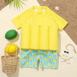 ABEHIK Kids One Piece Floatation Swimsuit for Girls Boys Summer Short Sleeve Lovely Bathing Suits with Adjustable Buoyancy Float Suit Swimwear Swim Vest Yellow 2-3 Years
