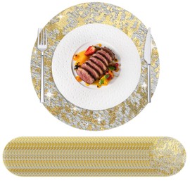 HYSENM 50 Pcs Disposable Gold Placemats Set Metallic 13 Inch Round Foil Mesh Pressed Table Doilies, Ultra-Thin Disposable Placement Mats for Home Decoration Dining Table Wedding Birthday Party