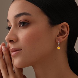 LeCalla 925 Sterling Silver Jewelry | Oval Amber Gemstone Leverback Earrings | Gemstones Faceted Drop Earrings for Women 23MM