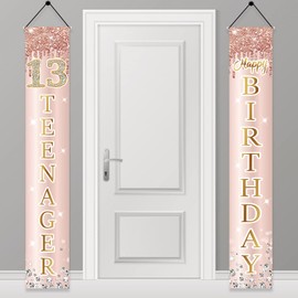 13th Birthday Decorations Door Banner for Girls, Pink Rose Gold 13 Teenager Happy Birthday Sign Party Supplies, Sweet Thirteen Year Old Birthday Backdrop Porch Décor