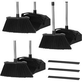 Upright Broom with Dustpan Combo Set, Commercial Broom and Dustpan Set, Industrial Brooms and Dust Pan with Long Handle for Restaurant Kitchen Shop Warehouse Lobby Garage - Black - Colour: All Black, Item Packa: 1