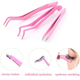 3 pcs Eyelash Applicators Tools Stainless Steel Eyelash Clusters Tweezers for Eyelash Extension Lash Extension Tweezers for False Lashes Application and Removal (Pink)
