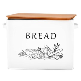 E-far Bread Box for Kitchen Countertop, Metal Bread Storage Container Bin with Bamboo Lid for Cutting Bread, Extra Large & Farmhouse Style, 13” x 7.2” x9.8”, White