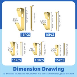 Glarks Picture Hangers with Nails, Gold Picture Hooks with Nails, 75 Pieces, 10lb/20lb/30lb/50lb/100lb