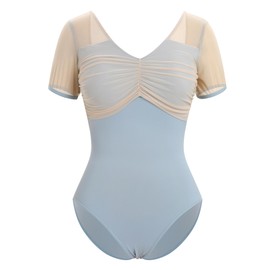 IWEMEK Ballet Jersey Women's Mesh Short Sleeve Ballet Suit Gymnastics Ballet Body V-Neck Bodysuit Body Sport Gymnastics Leotard Top Costume, blue, L