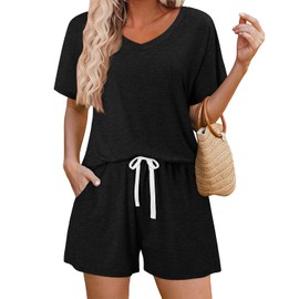 onlypuff Women's Summer Short Sleeve Loose V Neck Top Sweatsuits Casual Two Piece Outfits with Pockets