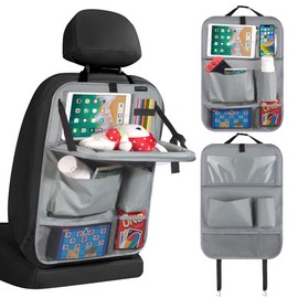 LUCMO Car Backseat Organizer with Tablet Holder,6 Storage Pockets Car Storage Organizer with Foldable Food Tray,Protectors Kick Mats Travel Accessories-Grey