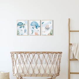 MeinBaby123® Underwater World Pictures for Children's Room, Set of 3, DIN A4, Whale, Turtle, Jellyfish, Children's Room Decoration, Sea, Children's Room Pictures, Gift for Birth (Underwater World V4)