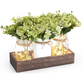 Mkono Mason Jar Lights Centerpiece Table Decorations for Dining Room Farmhouse Coffee Table Decor Wood Tray with 3 Jars Flowers for Kitchen Living Dining Room (Light Green)