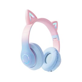 New Headworn Cat Ear Glow Kids Wireless Bluetooth Headphones with Built-in Mic Children's Gift Noise Cancelling Earphones (Blue)