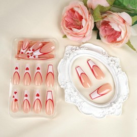 TULOBI French Tip Press on Nails Long Coffin Valentine Press on Nails with Heart Pattern Fake Nails Glossy False Nails 24Pcs for women