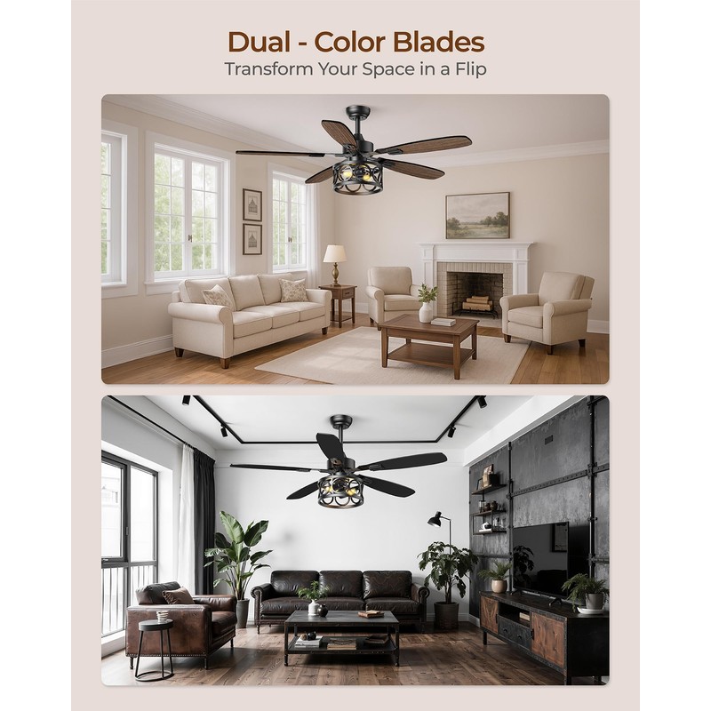 Ceiling Fans with Lights and Remote, 52'' Vintage Caged Ceiling