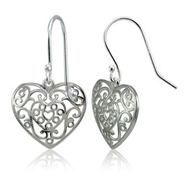 Hoops & Loops 925 Sterling Silver Heart Filigree 22mm Dangle Earrings for Women, Silver