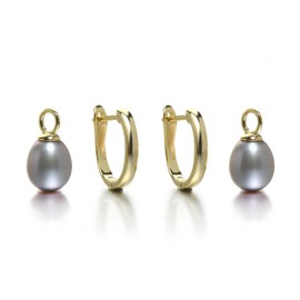 Jo & Co. Freshwater Cultured Pearl and 925 Sterling Silver Gold Plated, Lyre Shaped Hoop and Drop Earrings, 8 X 10 mm Silver Grey Pearl, Detachable Pearl, Some Variation in Colour Tone May Occur