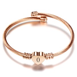OutstandLong Initial O Letter Rose Gold Cuff Bracelet for Wife Women Alphabet Heart Expandable Charm Bracelets