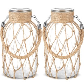 Set of 2 Rope Net Dry Flower Glass Vase 7.9 x 4 Inches Wicker Farmhouse Vase Coastal Decor for Wedding Tables Home Rustic Hanging Mason Jar Rope Wrapping Decorative Bottles Nautical Decor