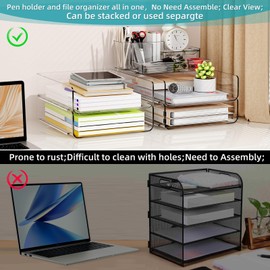 Vivihomety Clear Stackable Desk Organizer - Acrylic Letter Tray Paper Organizer for Desk with Pencil Holder, Clear Desktop File Organizer for Stationery, Letter, A4 Office File, Books, Pens, Notes