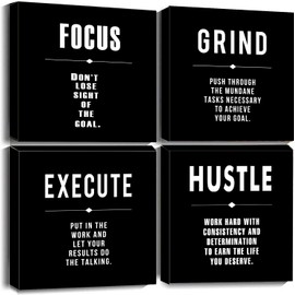 Vijf Arte Grind Hustle Execute Focus Black Motivation Canvas Wall Art Inspirational Office Quotes Paintings Framed for Living Room Bedroom Dinning Room Home Decor -12"x12"x4pcs
