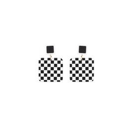 Acrylic Checkerboard Earring Geometric Black White Striped Checkered Dangle Drop Earrings Round Heart-shaped Checkered Flag Racing Earring for Women -square