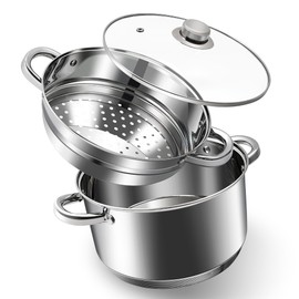 Aufranc AuFranc? 6 Quart 18/10 Stainless Steel Tri-ply Stockpot and Steamer with Tempered Glass Lid, Multipurpose Steamer Pot Compatible with All Cooktops, Non-Toxic Soup Pot, Oven & Dishwasher Safe (Silver)