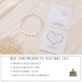 FENNELISA 50th Birthday Gifts for Women,Sterling Silver Heart Bracelet for Women Thoughtful 50th Birthday Gifts Ideas with Cards for Mum Daughter Ladies Sister Wife