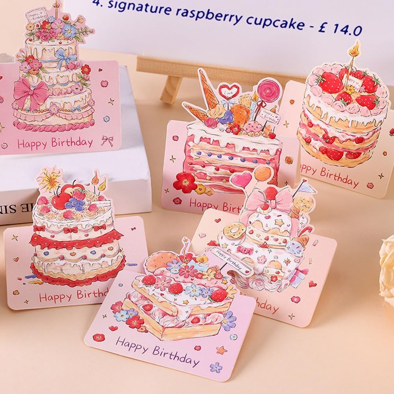 Youchicnow メッセージカード バースデーカード 6枚セット 水彩風ケーキデザイン 折りたたみ式 グリーティング お誕生日おめでとう 感謝カード ミニレター