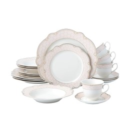 Porcelain Dinnerware Set for 4 Person, 20 Piece Gorgeous Dish Set - White with Vintage Pink Design - Plates and Bowls with Cups - Dining Set for Everyday Use or Formal Occasions (Sandra Pink 2020)