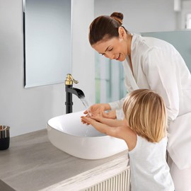 BATHLAVISH Black and Gold Bathroom Faucet, Vessel Sink Faucet, Waterfall Bathroom Sink Faucets 1 Hole, Tall Single Handle Faucet Lavatory Vanity Bowl with Pop Up Drain Without Overflow