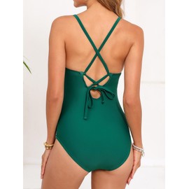 CUPSHE Maternity One Piece Swimsuit Scoop Neck Women's Bathing Suit Scalloped Lace up Back Criss Cross Tie Pregnancy, S Green