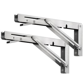 LSK 10 Inch Folding Shelf Brackets, Heavy Duty Stainless Steel Shelf Bracket Collapsible Shelf Brackets for Work Bench, Space Saving DIY L Bracket for Table, Max Load 220LBS, Pack of 2