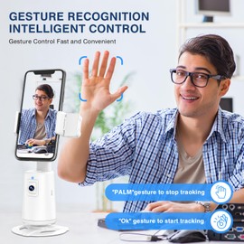 Auto Face Tracking Tripod 360° Rotating Auto Tracking Phone Stand, No App, Phone Camera Stand with Remote and Gesture Control, Rechargeable Smart Shooting Stand for Live Video Recording Tiktok (White)