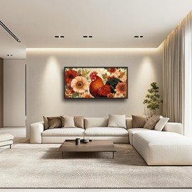Lovira Farmhouse Rooster Large Wall Art Rustic Country Farm Chicken Floral Canvas Wall Decor Pictures Prints Painting Framed Artwork for Living Room Bedroom Bathroom Kitchen 30"x60"