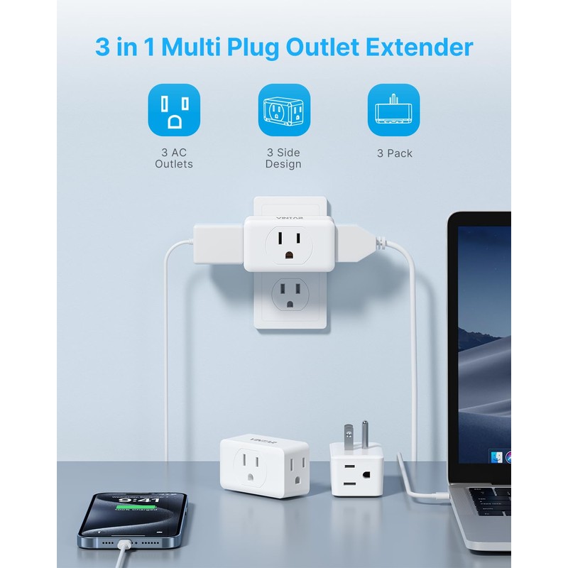 Multi Plug Wall Outlet Extender 2 Pack, VINTAR Electrical Multiple