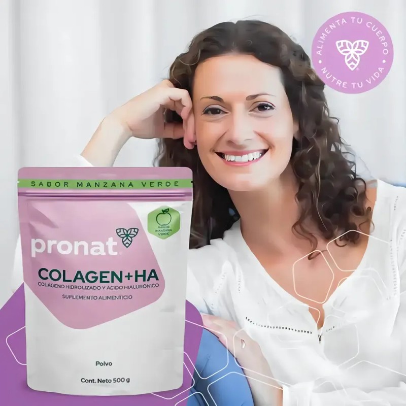 Colágeno Hidrolizado Ácido Hialurónico Pronat 500g Sabor Manzana Verde