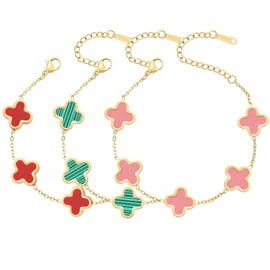 AIPPK 18K Gold Plated Clover Bracelet Set for Women Fashion Simple Four Leaf Lucky Flower Bracelets Jewelry Gifts for Women 3Pcs (Red+Green+Pink)