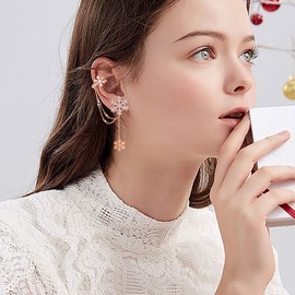 EVER FAITH Snowflake Earrings for Women, Sparkly CZ Snowflake Cuff Chain Earrings, Piercing Clip-on Cartilage Wrap Earring Christmas Jewelry Gifts Rose Gold-Tone]