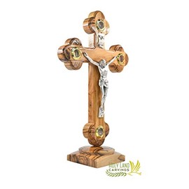 Holy Land 10 Inches Standing Cross Made of Olive Wood in Bethlehem - 4 Glasses with Holy relics Perfect for Living Room or Office Cross or Gift for Any Special Occasion