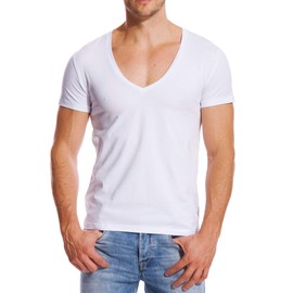 Stretch T Shirt for Men Deep V Neck Tee Muscle Fit Low Cut Male Top White M