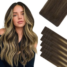 HOTBANANA Invisi Edge Tape in Hair Extensions Human Hair, 14inch 50g 20pcs Chocolate Brown Mixed Caramel Blonde Balayage Invisible Tape in Extensions Straight Seamless Real Remy Hair Injected