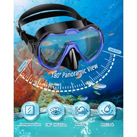 PIYAZI Snorkeling Gear for Adults, Adult Snorkel Set with Panoramic Anti-Leak and Anti-Fog Tempered Glass Snorkel Mask, Dry Top Snorkel, Snorkle Mask Set Adult with Mesh Bag Ear Plug for Snorkeling