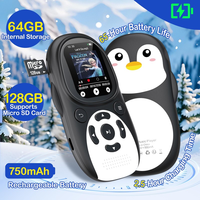 ODEJOI 64GB Cute Penguin MP3 Player for Kids with Bluetooth