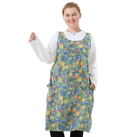 APRONNER Cross Back Plus Size Linen Aprons for Women with Pockets Blend Dress for Baking Cooking Gardening Works Colorful Floral
