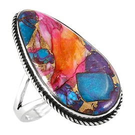 Spiny Oyster & Turquoise Ring in Sterling Silver 925 Genuine Gemstones (Rainbow Spiny Turquoise, 6)