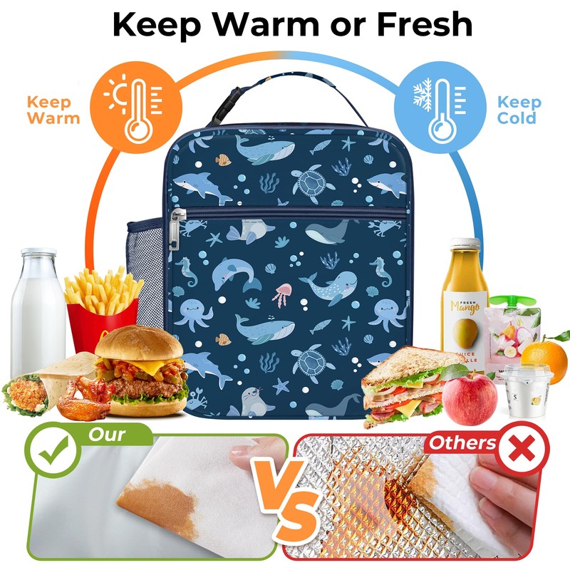 Clastyle Blue Sea Animals Insulated Lunch Bag for Kids, Portable