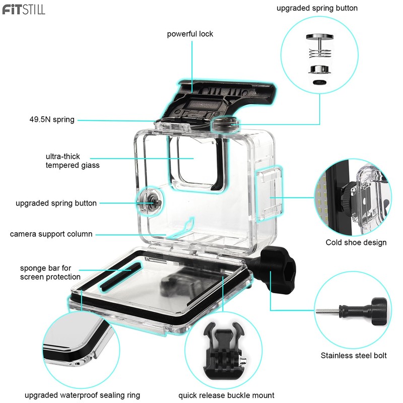 FitStill 148FT/45M Underwater Waterproof Diving Housing Compatible for Go Pro