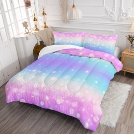 XYNHML Rainbow Star Comforter Full Size 3-Piece Gradient Glitter Polka Dot Bedding Set Purple Watercolor Girly Quilt Set for Kids Girls Teens Women with 2 Pillow Cases