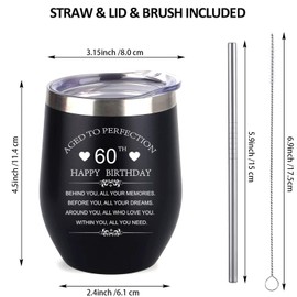 Inspirational 60th Birthday Gifts for Women Men 12oz Stainless Steel Wine Tumbler Cup Behind You All Your Memories Before You All Your Dreams 1964 60 Years Old Present (Black)