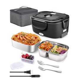 Buddew Electric Lunch Box 80W Food Heater with Dual Container, Portable Lunch Warmer for Adults, Upgraded Heated Lunch Box for Car/Truck/Office with SS Fork&Spoon and Insulated Carry Bag (Black)
